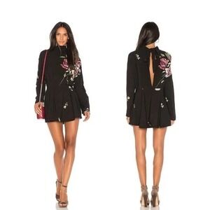 Free People Gemma Black Floral Long Sleeve Tunic Dress Size‎ S Boho Dark Cottage